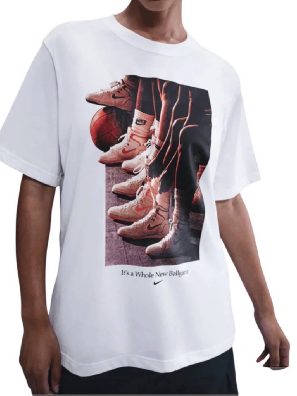 Nike Woman’s White Graphic T-Shirt with Red and Black Sneaker Print in size XL